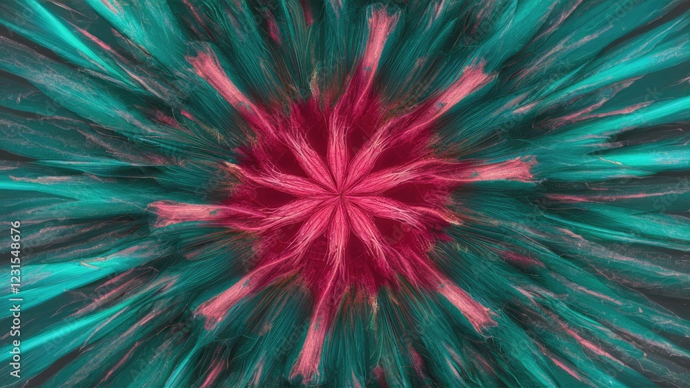 Fototapete vibrant teal and pink abstract explosion radiating from a central star-like point creating a dynamic
