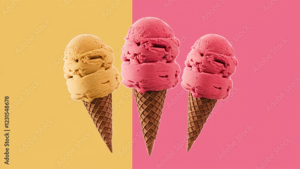 Aufkleber three ice cream cones with yellow and pink scoops set on a split background of soft yellow and vibra