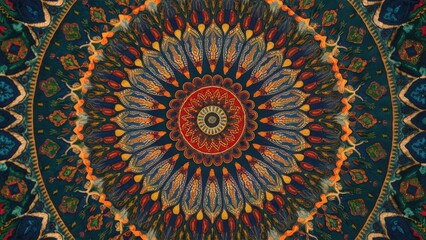 Obraz premium Intricate textile design features vibrant blue green and orange patterns with a symmetrical circular motif centered in the image showcasing remarkable artistry