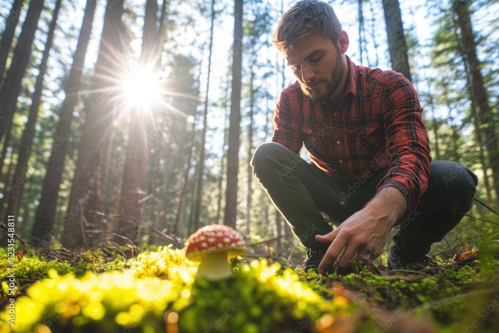 Poster man exploring the forest, examining a mushroom while enjoying nature. sunlight filtering through tre