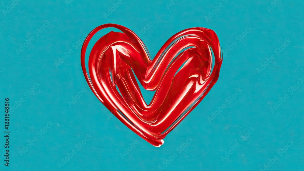 Poster hand drawn red heart in glossy brush texture centered on teal background conveying love and warmth, 