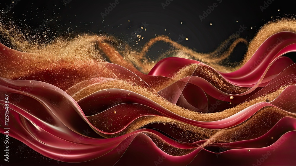 Poster Abstract flowing waves in rich red and gold tones on a dark background, conveying elegance and movement with a touch of glamour.