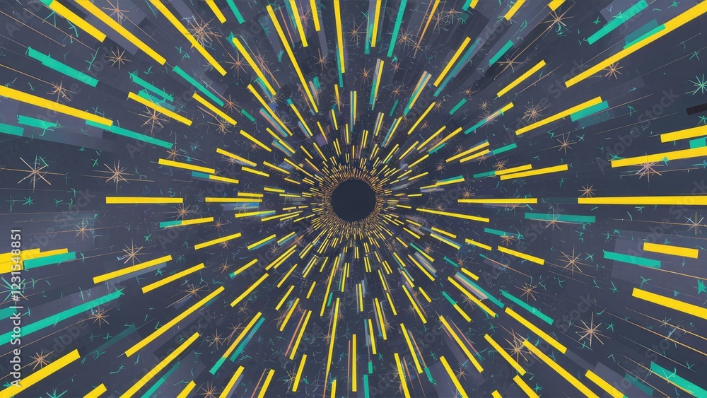Poster vibrant starburst pattern featuring yellow and teal elements on a dark background, creating an abstr