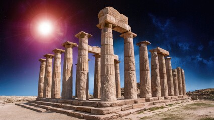 Obraz premium Ancient stone columns illuminated by a bright sun against a starry outer space backdrop with vivid blue and purple tones in the sky.