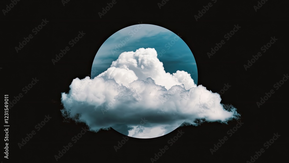 Poster Clouds illuminated in white against a dark canvas, featuring a circular blue backdrop, positioned centrally with soft edges blending into the black background.