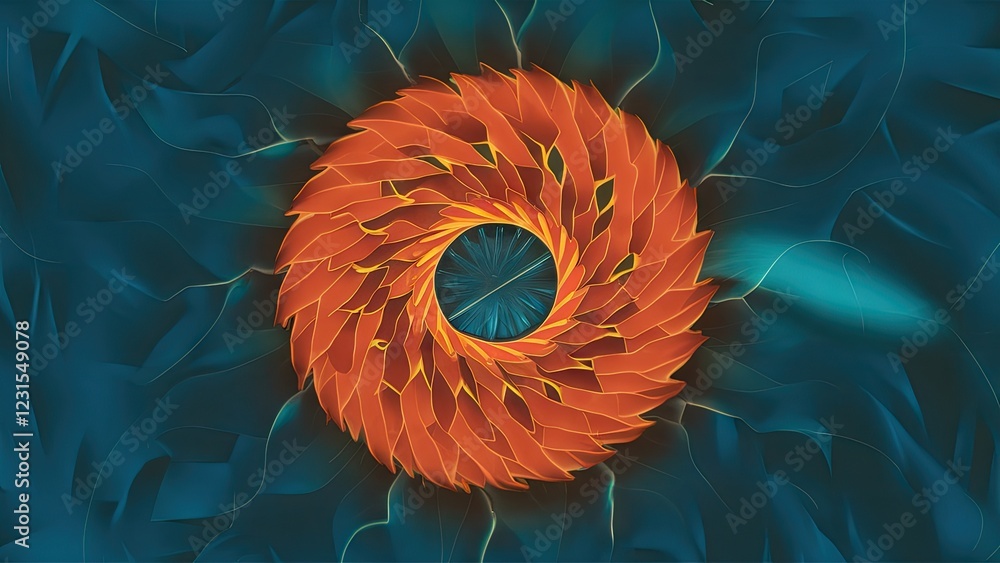 Poster colorful abstract spiral design featuring a vibrant orange and yellow circular pattern on a deep blu