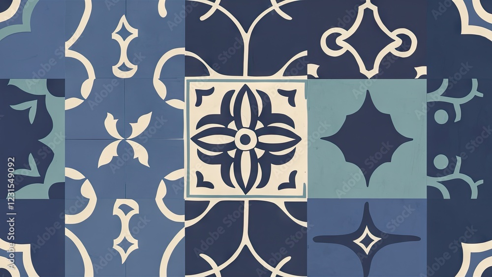 Aufkleber geometric blue and cream vintage tiles arranged in a decorative pattern creating a harmonious vintag
