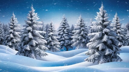 Obraz premium Snow-covered evergreen trees in a winter landscape featuring soft blue tones with a snowy foreground and a serene winter sky background.