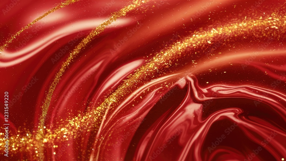 Aufkleber Shiny red and gold fluid abstract background with smooth waves and glittering accents, evoking elegance and luxury in design.