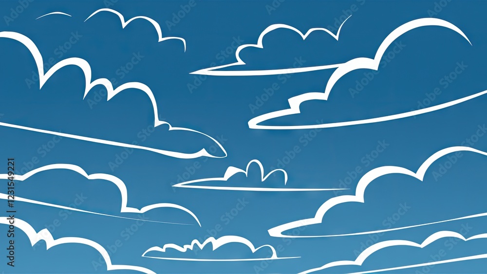 Poster serene design background with a gradient blue sky and outlined white clouds scattered throughout cre