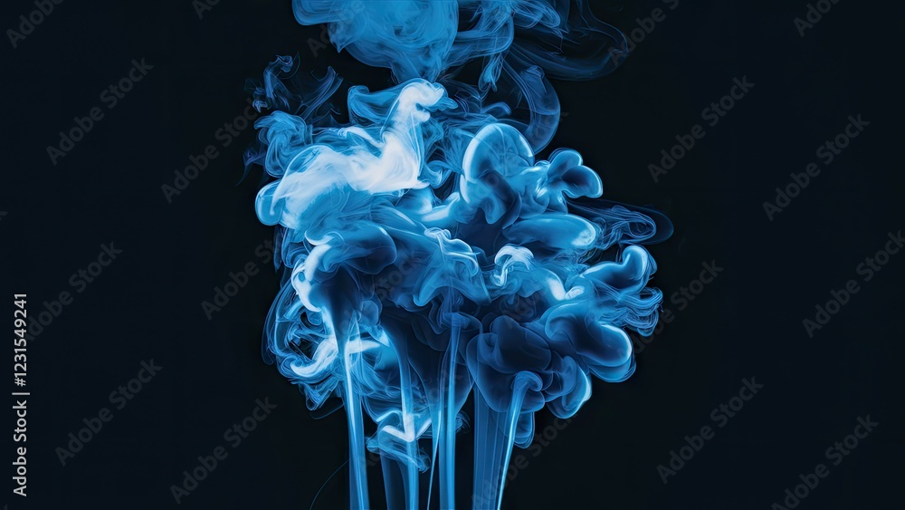 Fototapete Abstract blue smoke swirls ascending in center against a dark background creating a dynamic contrast of vivid shades and shapes.