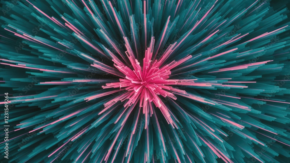 Poster vibrant abstract explosion with teal and pink streaks radiating from a central point creating dynami