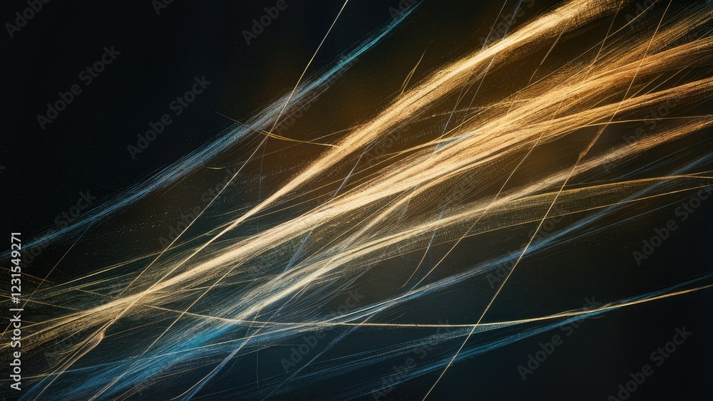 Poster abstract texture showcasing golden and blue streaks of light against a dark backdrop with delicate g