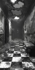 Fototapeta premium Dim Hallway With Checkered Floor and Damaged Walls and Ceiling With Holes and Bench