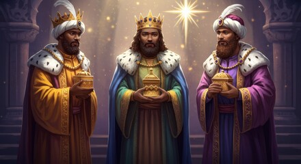 Naklejka premium Three regal figures in ornate robes holding gifts under a starry sky