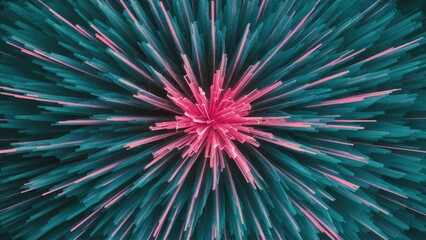 Vibrant abstract explosion with teal and pink streaks radiating from a central point creating dynamic energy and depth in a floral arrangement style