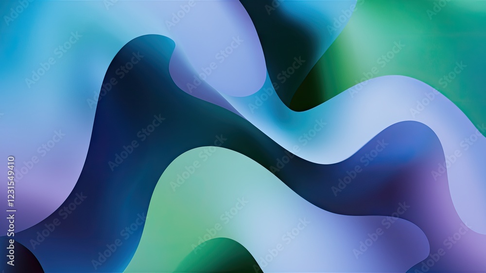 Poster abstract fluid shapes in shades of green, blue, and purple flowing together, creating a seamless wav