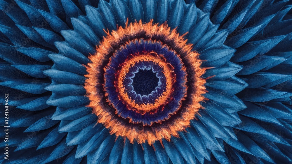 Fototapete Vibrant circular pattern with deep blue petals and an orange center, radiating intricate layers and textures, creating a mesmerizing abstract design.