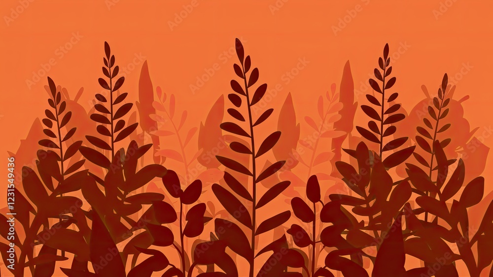 Poster vibrant orange background with dark plant silhouettes layered in front creating depth ideal for prod