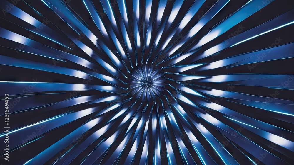 Poster abstract swirling led wall design with blue and white tones radiating from a central point, creating