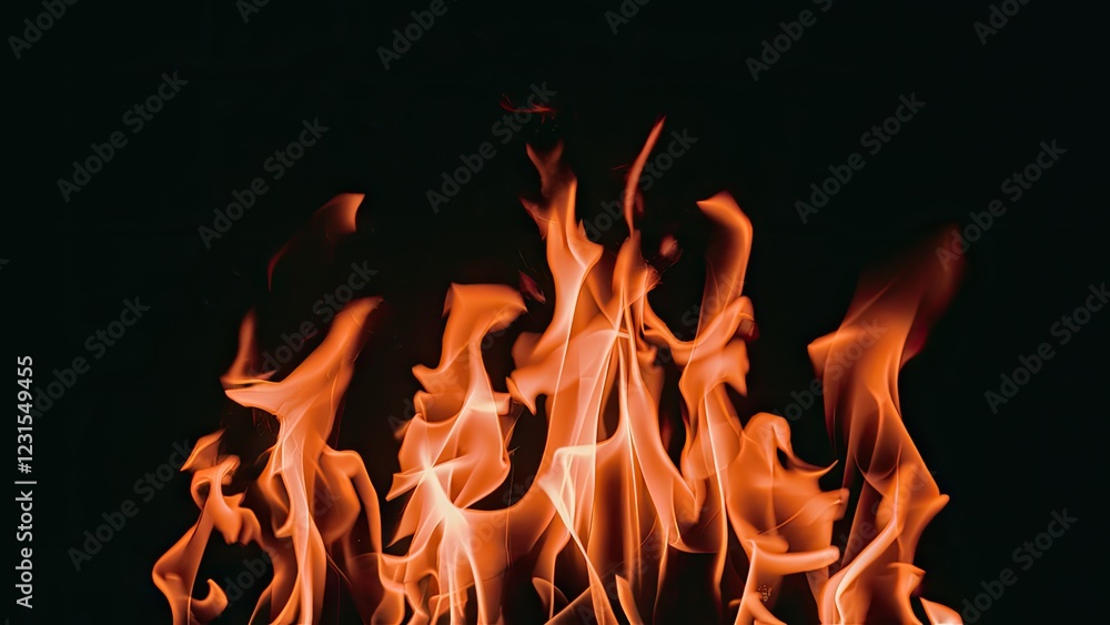 Aufkleber Vivid orange and yellow flames dancing upwards against a solid black background, creating a dramatic contrast and dynamic movement in the image.
