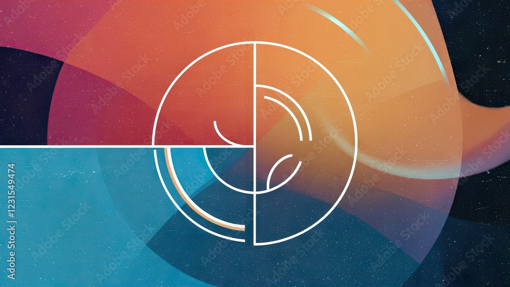 Aufkleber abstract geometric design featuring colorful spirals in warm orange and blue tones; central circle w