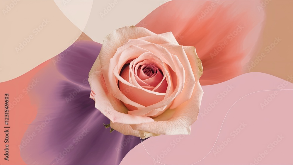 Aufkleber soft pink rose at center with pastel orange and purple abstract shapes in background, creating a har