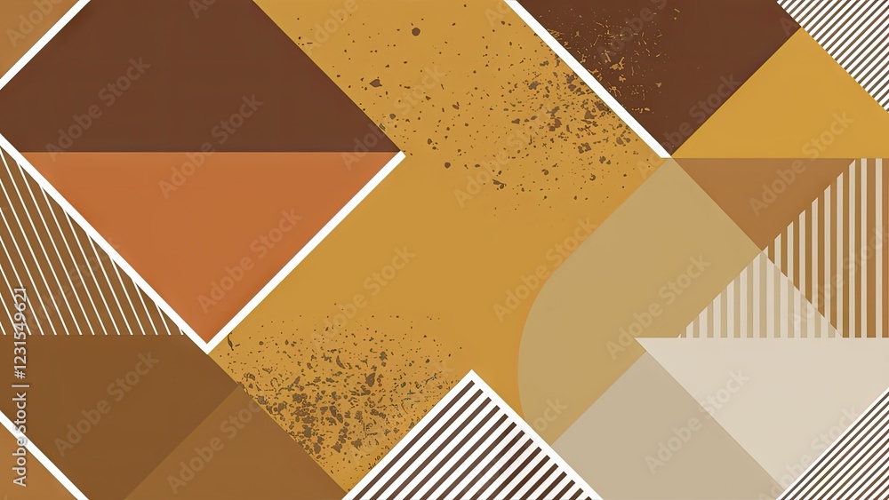 Poster geometric abstract background featuring warm tones of brown and gold with striped and solid shapes a