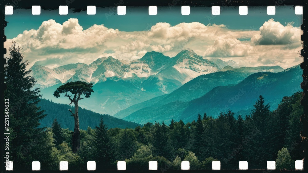 Poster majestic mountains under dramatic clouds viewed through a serene forest with lush green trees in a v