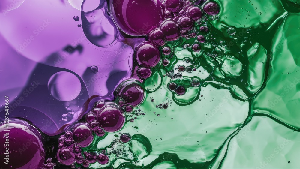 Poster abstract background showcasing vibrant purple and green hues with oil and water bubbles creating a f