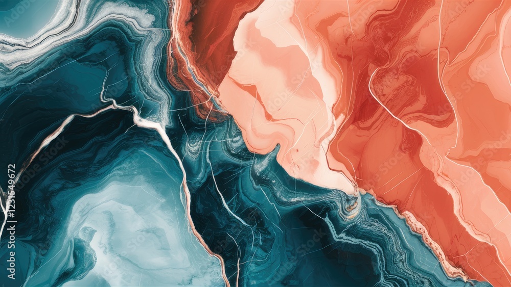 Aufkleber abstract natural marble texture in rich teal and coral hues with flowing patterns. perfect for backg