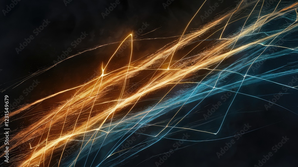 Poster dynamic abstract composition showcasing golden and blue light trails on a dark background, creating 