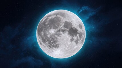 Fototapeta premium Full moon glowing in vibrant blue hues with detailed lunar features prominently visible at the center against a dark starry sky background.