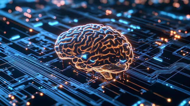 of artificial intelligence with a glowing human brain connected to digital circuits 