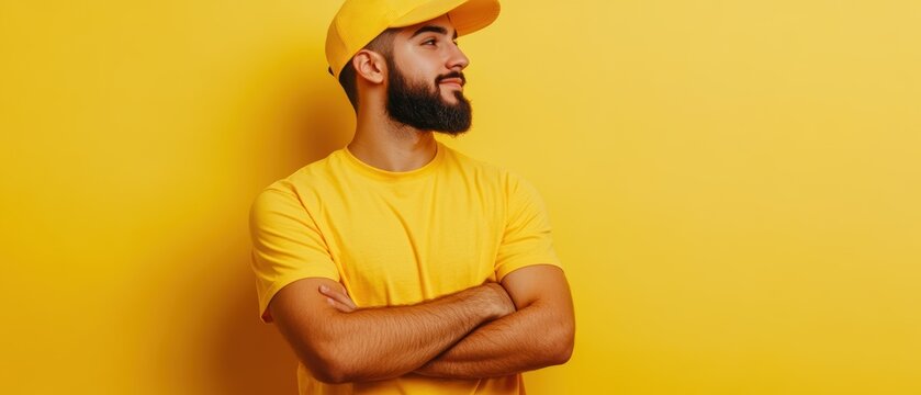 Man wearing yellow attire and cap posing confidently against a bright yellow background. Fashion, style, and trends in modern urban lifestyle.