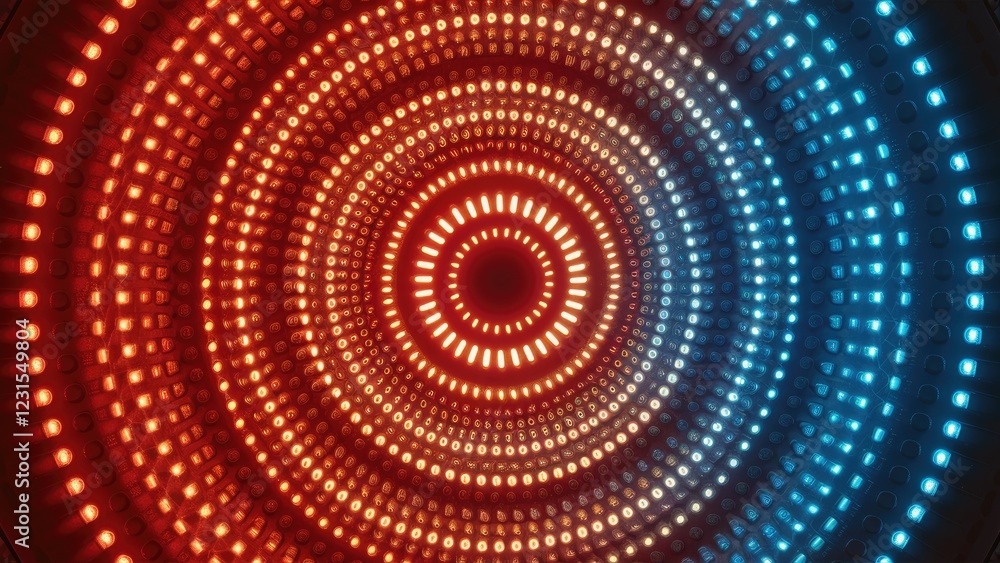 Leinwandbilder Circular pattern of vibrant red and blue LED lights in concentric circles creating a visually striking background texture for design projects.