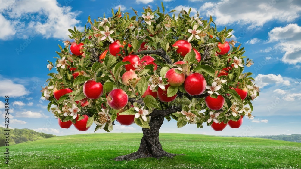 Aufkleber luxurious apple tree adorned with bright red apples and white blossoms set against a vivid blue sky 