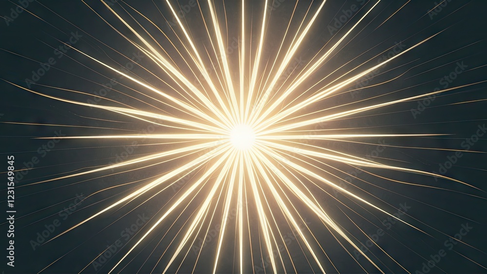 Poster glowing white sunburst with radiating golden beams on a dark blue background, centered light source 