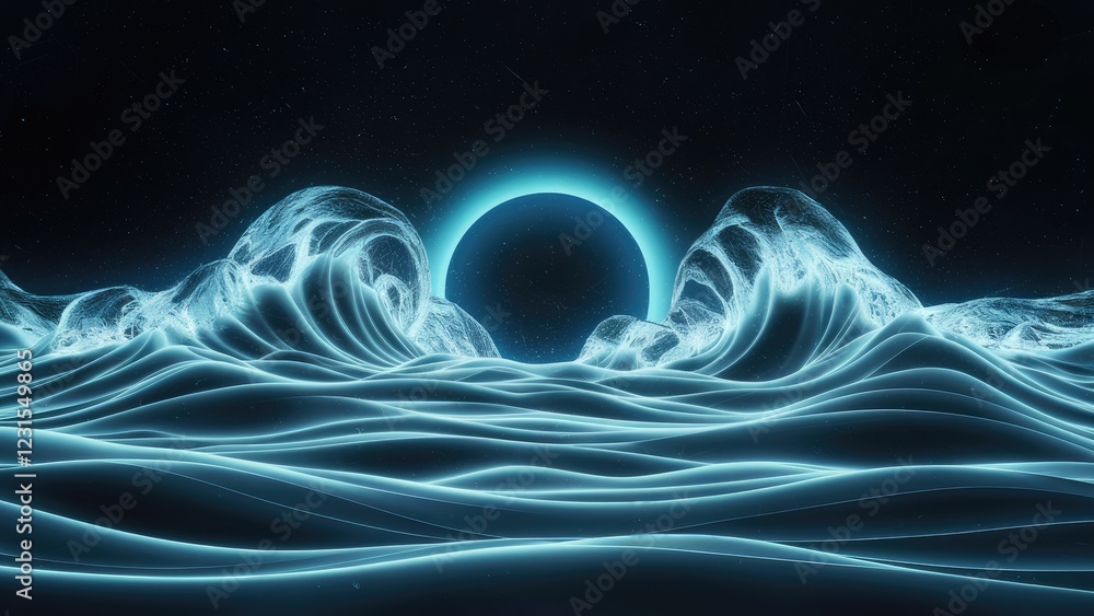 Poster illuminated ultraviolet waves create an ethereal backdrop with deep blue and glowing cyan tones, fea