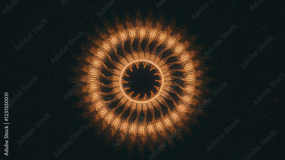 Poster golden circular abstract illumination on a dark background with intricate spiral patterns radiating 