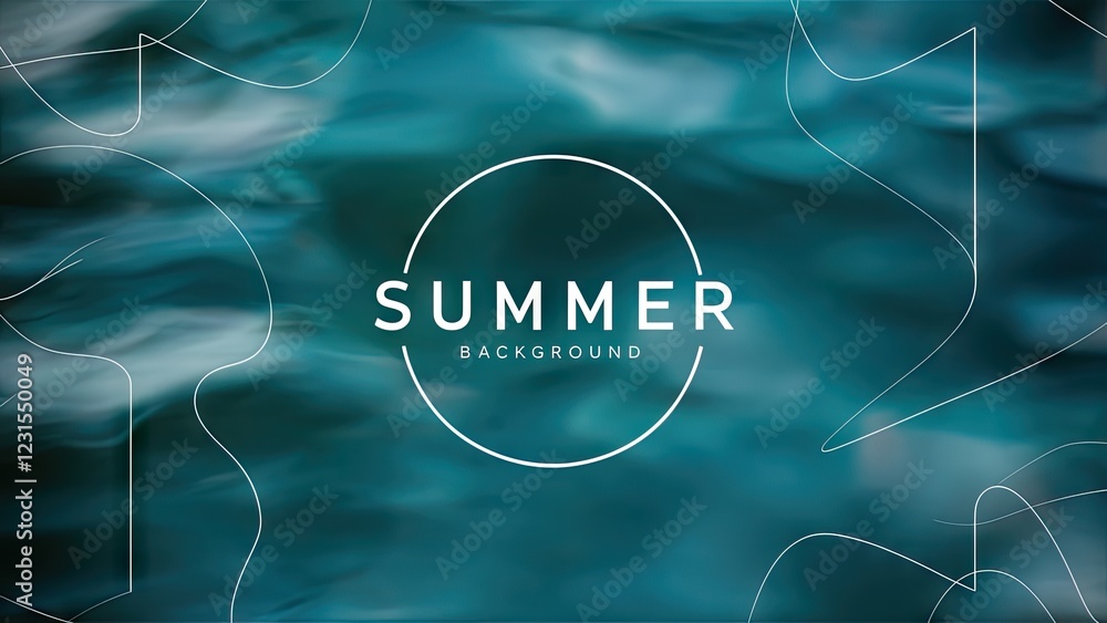 Poster Calm turquoise water background with soft flowing waves and a white circular text overlay reading SUMMER in the center for a serene summer vibe