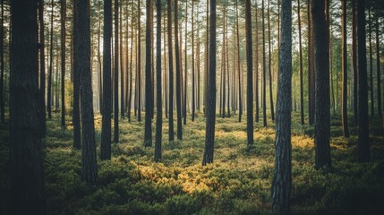 Serene Sunlight Filtering Through a Dense Pine Forest