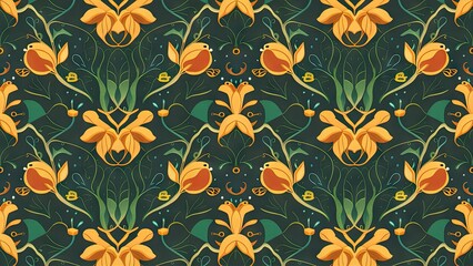 Vibrant floral pattern featuring yellow tulips and green leaves on a dark green background, showcasing a symmetrical and intricate design.