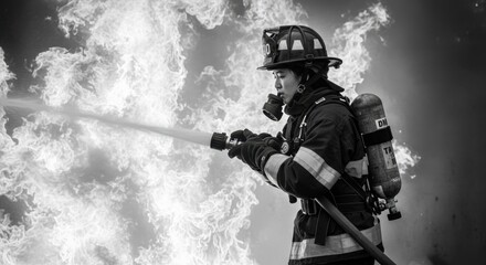 Fototapeta premium Firefighter battling flames with hose in dramatic black and white scene