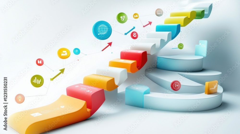 Poster ascending colorful steps to success: a visual metaphor for growth and progress in business and techn