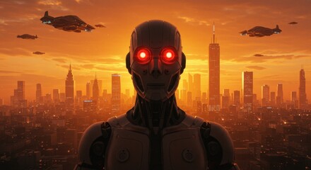 Futuristic robot overlooking a vibrant cityscape at sunset with drones