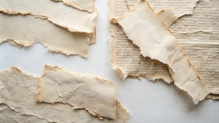Torn Antique Parchment Fragments on a White Background Displaying Aged Text and Texture