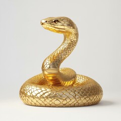Fototapeta premium Golden Snake Figure With Coiled Body And Raised Head Sculpture On A White Background