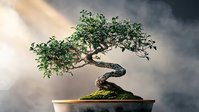 A beautifully shaped bonsai tree with a twisted trunk stands in a simple pot, illuminated by soft sunlight against a misty, serene background, highlighting its delicate leaves and artistic form.
