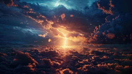 Thunderstorm reveals an abstract power in the sky. Lightning strikes, lighting up the dark clouds.